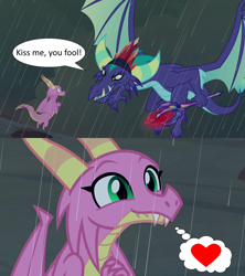 Size: 1280x1440 | Tagged: safe, derpibooru import, edit, edited screencap, screencap, gaius (dragon), scales (character), dragon, the hearth's warming club, a dream come true, bloodstone scepter, crack shipping, dragon lord, dragoness, female, heart, kiss me you fool, male, rain, scaius, shipping, shipping domino, speech bubble, straight, thought bubble