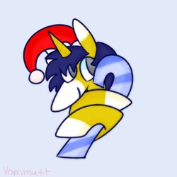 Size: 1000x1000 | Tagged: safe, artist:vommutt, derpibooru import, oc, oc only, oc:seigwestwood, pony, unicorn, candy, candy cane, christmas, commission, food, hat, holiday, male, minimalist, santa hat, simple background, solo, ych result