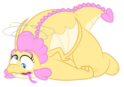 Size: 1280x903 | Tagged: safe, artist:aleximusprime, derpibooru import, oc, oc:buttercream, oc:buttercream the dragon, dragon, flurry heart's story, chubby, derp, dizzy, dragon oc, dragoness, fat, female, forked tongue, heart shaped, injured, lying down, simple background, solo, stars, tongue, tongue out, transparent background, tripped