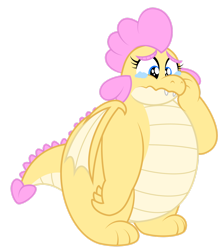 Size: 1600x1789 | Tagged: safe, artist:aleximusprime, derpibooru import, oc, oc:buttercream, oc:buttercream the dragon, dragon, flurry heart's story, crying, cute, dragon oc, dragoness, fat, female, heart shaped, sad, sad eyes, sad face, simple background, solo, transparent background, wavy mouth