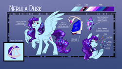 Size: 2048x1166 | Tagged: safe, artist:cosmalumi, derpibooru import, oc, oc only, oc:nebula dusk, pegasus, pony, reference sheet, solo