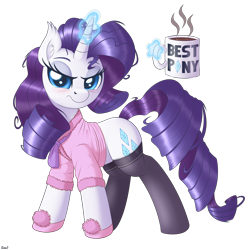 Size: 4000x4000 | Tagged: safe, alternate version, artist:ziemniax, derpibooru import, rarity, pony, unicorn, absurd resolution, bathrobe, best pony, blushing, clothes, coffee, coffee mug, ear fluff, ears, female, glowing, glowing horn, horn, looking at you, magic, mare, messy hair, messy mane, mug, robe, signature, simple background, slippers, solo, stockings, telekinesis, thigh highs, transparent background