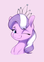Size: 1602x2253 | Tagged: safe, artist:aquaticvibes, derpibooru import, diamond tiara, earth pony, pony, bust, female, filly, foal, one eye closed, pink background, simple background, solo, wink