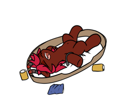 Size: 903x741 | Tagged: safe, artist:neuro, derpibooru import, oc, oc only, demon, demon pony, lying down, on back, open mouth, pet bed, simple background, sleeping, solo, transparent background