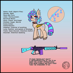 Size: 1024x1024 | Tagged: safe, artist:dice-warwick, derpibooru import, oc, oc:kraft rook castle fheu, bat pony, fallout equestria, bowtie, curly hair, curly mane, femboy, gun, if-64, male, rifle, stallion, weapon