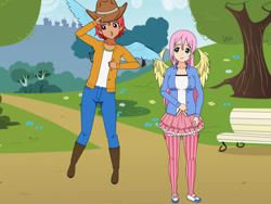 Size: 1024x768 | Tagged: safe, derpibooru import, screencap, fluttershy, rainbow dash, human, boots, clothes, clothes swap, cowboy boots, cowboy hat, duo, hat, humanized, jeans, kisekae, pants, shoes, winged humanization, wings