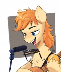 Size: 1737x2048 | Tagged: safe, artist:fanzeem, derpibooru import, oc, oc only, oc:haymaker, earth pony, pony, acoustic guitar, bust, guitar, harmonica, male, microphone, musical instrument, open mouth, singing, solo, stallion, three quarter view, unshorn fetlocks