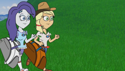 Size: 1280x720 | Tagged: safe, derpibooru import, screencap, applejack, rarity, equestria girls, bag, camp everfree outfits, eddy misbehaves at camp goville, female, goanimate, grass, lesbian, rarijack, roblox, running, shipping