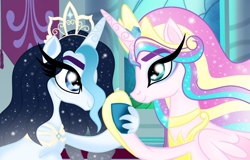 Size: 1024x654 | Tagged: safe, artist:owocrystalcatowo, derpibooru import, oc, oc only, oc:crystal heart, oc:yue hoshi, alicorn, pony, female, mare, offspring, parent:princess cadance, parent:shining armor, parents:shiningcadance