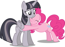 Size: 4096x2983 | Tagged: safe, artist:shutterflyyay, artist:wardex101, derpibooru import, edit, pinkie pie, twilight sparkle, twilight sparkle (alicorn), alicorn, earth pony, pony, equestria girls, rainbow rocks, :t, cute, diapinkes, discorded, discorded twilight, duo, duo female, eyes closed, female, folded wings, high res, hooves, horn, hug, mare, pink mane, pink tail, shadow, simple background, smiling, standing, tail, transparent background, twiabetes, vector, wings