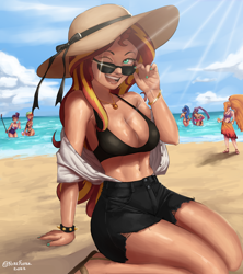 Size: 2200x2480 | Tagged: safe, artist:nire, derpibooru import, adagio dazzle, aria blaze, rainbow dash, sci-twi, sonata dusk, sunset shimmer, twilight sparkle, equestria girls, alcohol, beach, beach ball, belly button, bikini, bow, bra, bracelet, breasts, cleavage, clothes, cocktail, drink, geode of empathy, glasses, hat, jewelry, looking at you, magical geodes, nail polish, one eye closed, open mouth, sarong, selfie, shirt, shorts, smiling, smiling at you, spiked wristband, sunglasses, sunset jiggler, swimsuit, tan lines, tan skin, tanned, the dazzlings, underwear, wink, winking at you, wristband