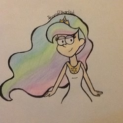 Size: 640x640 | Tagged: safe, artist:themuffinartist, derpibooru import, princess celestia, human, clothes, crossover, crown, dress, eyeshadow, gravity falls, humanized, jewelry, makeup, regalia, smiling, solo, style emulation, traditional art