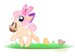 Size: 1600x1200 | Tagged: safe, artist:kaikururu, derpibooru import, oc, oc only, bird, chicken, pony, bunny ears, commission, easter egg, eyelashes, female, mare, mouth hold, simple background, smiling, solo, transparent background, ych result