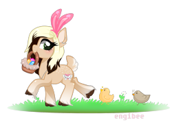 Size: 1600x1200 | Tagged: safe, artist:kaikururu, derpibooru import, oc, oc only, bird, chicken, earth pony, pony, bunny ears, commission, easter egg, eyelashes, female, mare, mouth hold, simple background, smiling, solo, transparent background, unshorn fetlocks, ych result