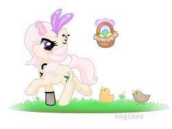 Size: 1600x1200 | Tagged: safe, artist:kaikururu, derpibooru import, oc, oc only, bird, chicken, pony, unicorn, bunny ears, commission, ear piercing, earring, easter egg, eyelashes, female, fishnet stockings, glowing, glowing horn, horn, jewelry, magic, mare, piercing, simple background, smiling, solo, telekinesis, transparent background, unicorn oc, ych result