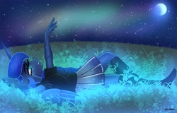 Size: 4096x2616 | Tagged: safe, artist:opal_radiance, derpibooru import, princess luna, anthro, plantigrade anthro, aurora borealis, clothes, field, lying down, missing shoes, moon, night, on back, raised hand, shirt, skirt, smiling, socks, stocking feet