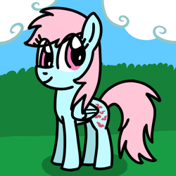 Size: 768x768 | Tagged: safe, artist:danielthebrony57, derpibooru import, wind whistler, pegasus, pony, g1, g4, cloud, cloudy, cute, eye clipping through hair, female, folded wings, full body, g1 to g4, generation leap, hooves, land, mare, outdoors, pink eyes, pink mane, pink tail, ponyland, shadow, smiling, solo, standing, tail, whistlerbetes, wings