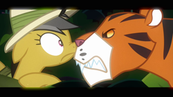 Size: 1280x720 | Tagged: safe, derpibooru import, screencap, daring do, big cat, pegasus, pony, tiger, read it and weep, angry, boop, eye contact, fangs, hat, looking at each other, looking at someone, sharp teeth, teeth