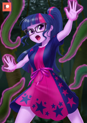 Size: 800x1132 | Tagged: safe, artist:uotapo, derpibooru import, sci-twi, twilight sparkle, equestria girls, equestria girls series, spring breakdown, spoiler:eqg series (season 2), breasts, clothes, female, glasses, glowing hands, i've seen enough hentai to know where this is going, magic, magic aura, offscreen character, open mouth, patreon, patreon logo, scene interpretation, signature, solo, stars, telekinesis, tentacles, vine