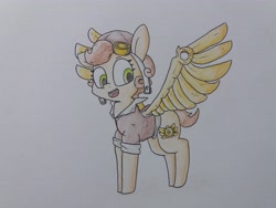 Size: 4128x3096 | Tagged: safe, artist:cherro, derpibooru import, oc, oc only, oc:copper wings, pony, artificial wings, augmented, clothes, female, open mouth, open smile, simple background, smiling, solo, standing, steampunk, traditional art, white background, wings