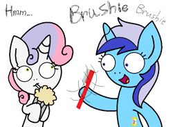 Size: 751x550 | Tagged: safe, artist:greenmarta, derpibooru import, minuette, sweetie belle, pony, unicorn, brushie, duo, female, hoof hold, milkshake, open mouth, simple background, toothbrush, white background