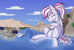 Size: 1552x1050 | Tagged: safe, artist:kirasunnight, derpibooru import, oc, oc only, oc:windbreaker, pegasus, pony, bathing, commission, commissioner:kentsler, eyes closed, female, macro, mare, pegasus oc, solo, water