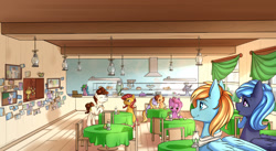 Size: 1920x1050 | Tagged: safe, artist:kirasunnight, derpibooru import, oc, oc only, earth pony, pegasus, pony, unicorn, cafe, commission, commissioner:justplayshik, earth pony oc, female, horn, male, pegasus oc, restaurant, table, unicorn oc