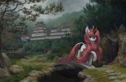 Size: 3072x2000 | Tagged: safe, artist:koviry, derpibooru import, oc, oc only, oc:rhayla solaria, kirin, bridge, castle, forest, japan, kirin oc, pagoda, scenery, solo, temple, waterfall