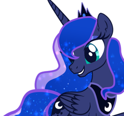 Size: 1280x1199 | Tagged: safe, artist:naturajellyfish, derpibooru import, princess luna, alicorn, pony, crown, ethereal mane, ethereal tail, eyeshadow, female, folded wings, gem, gritted teeth, jewelry, looking at something, looking to side, looking to the left, makeup, mare, moon, regalia, simple background, smiling, solo, starry mane, tail, transparent background, transparent mane, wings