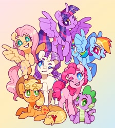 Size: 3000x3347 | Tagged: safe, artist:cocopudu, derpibooru import, applejack, fluttershy, pinkie pie, rainbow dash, rarity, spike, twilight sparkle, twilight sparkle (alicorn), alicorn, dragon, earth pony, pegasus, pony, unicorn, cute, dashabetes, diapinkes, gradient background, jackabetes, mane seven, mane six, raribetes, shyabetes, spikabetes, twiabetes