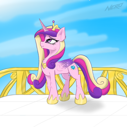 Size: 1000x1000 | Tagged: safe, artist:nerofactory, derpibooru import, princess cadance, alicorn, pony, balcony, chest fluff, cloud, colorful, cute, day, digital art, eyebrows, eyelashes, female, folded wings, horn, mare, outdoors, pose, purple eyes, sky, smiling, solo, wings