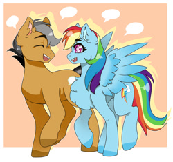 Size: 1024x963 | Tagged: safe, artist:sawberrykiss, derpibooru import, quibble pants, rainbow dash, pegasus, pony, chest fluff, duo, female, male