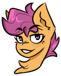 Size: 900x1120 | Tagged: safe, artist:pointdelta, derpibooru import, scootaloo, pegasus, pony, bust, chest fluff, female, filly, foal, grin, simple background, smiling, solo, transparent background