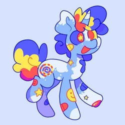 Size: 476x476 | Tagged: safe, artist:swirlseypop, derpibooru import, oc, oc:gumdrop surprise, pony, unicorn, adopted oc, bandaid, colt, foal, heterochromia, male, solo, sticker, tricolor mane, tricolor tail