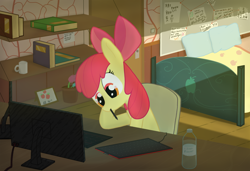 Size: 2560x1750 | Tagged: safe, artist:_rynn, derpibooru import, apple bloom, earth pony, pony, apple bloom's bow, bed, book, bow, chair, closed mouth, computer, cup, door, drawing, eyes open, flower, graphics tablet, hair bow, keyboard, light, monitor, mouth hold, notes, pen, pillow, room, shadows, shelves, sitting, solo, table, walls, water bottle, wide eyes