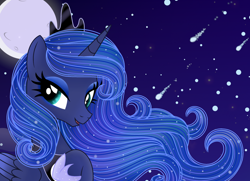 Size: 1280x925 | Tagged: safe, artist:n-brillance, derpibooru import, princess luna, alicorn, pony, female, looking at you, mare, moon, night, night sky, open mouth, open smile, shooting star, sky, smiling, smiling at you, solo, stars