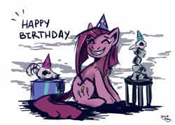 Size: 3500x2500 | Tagged: safe, alternate version, artist:amy-gamy, derpibooru import, pinkie pie, earth pony, pony, happy birthday, hat, party hat, pinkamena diane pie, present, skull, smiling, solo