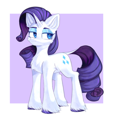 Size: 3000x3100 | Tagged: safe, artist:thieftea, derpibooru import, rarity, pony, unicorn, abstract background, cheek fluff, chest fluff, ear fluff, ears, eyeshadow, female, full body, high res, hooves, horn, leonine tail, lidded eyes, makeup, mare, smiling, solo, standing, tail, thick eyebrows, three quarter view, unshorn fetlocks