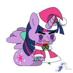 Size: 9934x9934 | Tagged: safe, artist:dimanizma, derpibooru import, twilight sparkle, twilight sparkle (alicorn), alicorn, pony, unicorn, bag, christmas, clothes, costume, cute, fate/stay night, female, happy new year, hat, holiday, horn, padoru, santa costume, santa hat, simple background, solo, spread wings, transparent background, wings