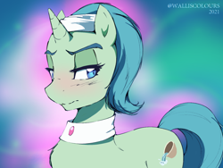 Size: 1532x1149 | Tagged: safe, artist:walliscolours, derpibooru import, birch bucket, pony, unicorn, blushing, dated, eyelashes, gradient background, jewelry, lidded eyes, looking at something, male, necklace, signature, solo, stallion