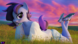 Size: 3840x2160 | Tagged: safe, artist:shadowboltsfm, derpibooru import, oc, oc:raven storm, anthro, plantigrade anthro, 3d, 4k, blender, clothes, crossed legs, female, grass, looking at you, not sfm, sandals, shorts, smiling, solo, sunset, the pose