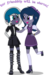 Size: 4000x6183 | Tagged: safe, artist:n0kkun, derpibooru import, oc, oc only, oc:elizabat stormfeather, oc:n0kkun, equestria girls, belt, beret, boots, choker, clothes, compression shorts, cute, dress, duo, equestria girls-ified, eyeshadow, female, fingerless gloves, friendship, gloves, grin, hat, high heel boots, jacket, leather jacket, makeup, open mouth, shirt, shoes, shorts, simple background, skirt, smiling, socks, spiked choker, spiked wristband, stockings, sweater, thigh highs, transparent background, watch, wristband, wristwatch