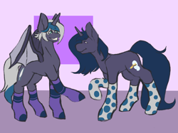 Size: 2732x2048 | Tagged: safe, artist:snows-undercover, derpibooru import, oc, oc only, oc:elizabat stormfeather, oc:n0kkun, alicorn, bat pony, bat pony alicorn, pony, unicorn, alicorn oc, bat pony oc, bat wings, clothes, duo, female, grin, horn, mare, raised hoof, raised leg, smiling, socks, striped socks, wings