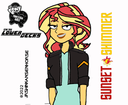 Size: 720x592 | Tagged: safe, artist:jrshinkansenhorse, derpibooru exclusive, derpibooru import, sunset shimmer, better together, equestria girls, clothes, crossover, discord being discord, jacket, leather jacket, simple background, star trek, star trek: lower decks, style emulation, white background