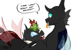 Size: 1902x1329 | Tagged: safe, artist:testostepone, derpibooru import, oc, oc only, oc:coxa, oc:mimesis, changeling, anisocoria, blushing, book, changeling oc, fangs, gay, horn, interrupted, male, mistletoe, no source available, red changeling, simple background, tongue, tongue out, white background, wings