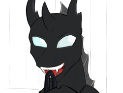 Size: 1154x878 | Tagged: safe, artist:testostepone, derpibooru import, oc, oc only, oc:coxa, changeling, anisocoria, cane, changeling oc, david bowie, fangs, no source available, open mouth, smiling, solo, tongue, tongue out