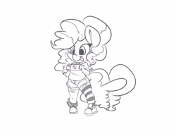 Size: 3300x2550 | Tagged: safe, artist:leadhooves, derpibooru import, pinkie pie, anthro, earth pony, plantigrade anthro, bandaid, black and white, clothes, converse, female, filly, foal, grayscale, jeans, monochrome, nintendo switch, pants, shoes, simple background, socks, solo, striped socks, tongue, tongue out, white background, younger