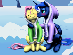 Size: 1600x1200 | Tagged: safe, artist:vasillium, derpibooru import, fluttershy, princess luna, alicorn, pegasus, pony, blushing, clothes, duo, duo female, female, hoodie, kiss on the cheek, kissing, lesbian, lunashy, mare, shipping, sitting, snow, winter