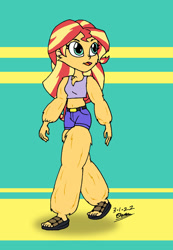 Size: 1024x1483 | Tagged: safe, artist:tmntsam, derpibooru import, sunset shimmer, equestria girls, alternate universe, belt, clothes, feet, fur, furry human, sandals, shorts, tanktop