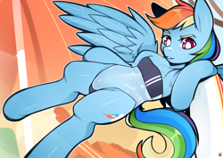 Size: 7016x4961 | Tagged: safe, artist:sugarelement, derpibooru import, rainbow dash, pegasus, pony, semi-anthro, beach, clothes, flying, gris swimsuit, one-piece swimsuit, see-through, solo, swimsuit